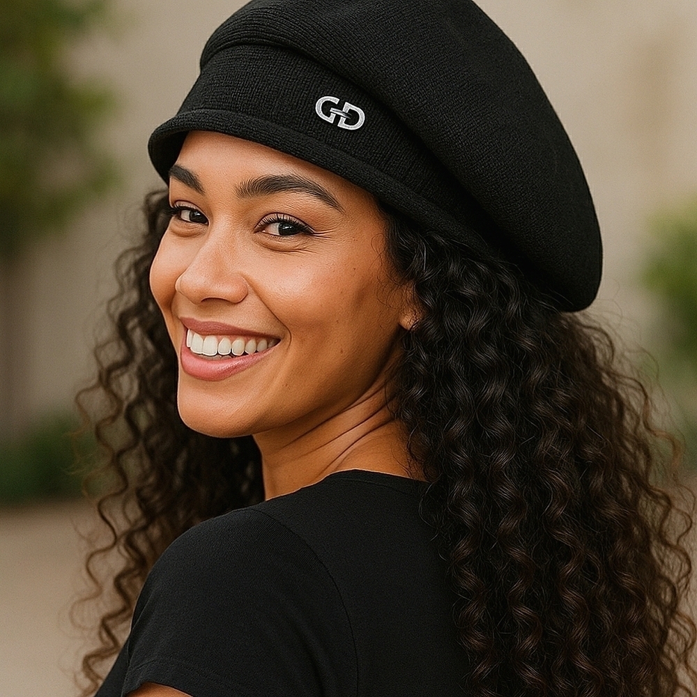 Autum Fall Winter Hat Black Cotton Knit Beret Logo Accent New